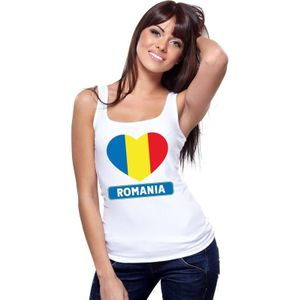 Roemenie singlet shirt/ tanktop met Roemeense vlag in hart wit dames