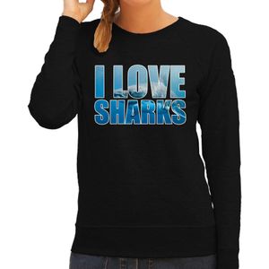 Tekst sweater I love sharks met dieren foto van een haai zwart voor dames - cadeau trui haaien liefhebber