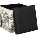 Atmosphera Poef/krukje/hocker Palmtrees - 2x - Opvouwbare zit opslag box - creme wit/zwart - D39 x H39 cm - MDF/polyester