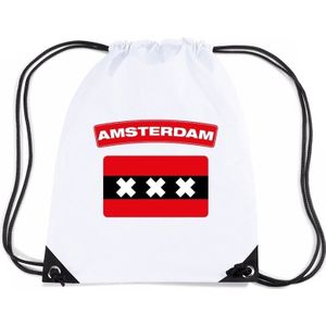 Amsterdam nylon rijgkoord rugzak/ sporttas wit met Amsterdamse vlag