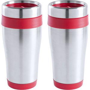 Warmhoudbeker/thermos isoleer koffiebeker/mok - 2x - RVS - zilver/rood - 450 ml - Reisbeker