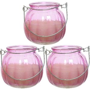 Decoris citronella kaarsen - 3x - in gekleurd glas - 15 branduren - 8 cm - roze