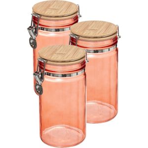 3x stuks voorraadbussen/voorraadpotten 1L glas koraal oranje bamboe beugelsluiting - 1000 ml - Voorraadpotten luchtdichte sluiting