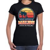 Malibu zomer t-shirt / shirt What happens in Malibu stays in Malibu voor dames - zwart - Malibu party / vakantie outfit / kleding/ feest shirt