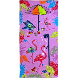 Strand/badlaken voor kinderen - flamingo print - 70 x 140 cm - microvezel