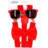 Carnaval verkleedset Funky - hoed/bretels/bril/strikje - rood - heren/dames - verkleedkleding - verkleedkleding accessoires