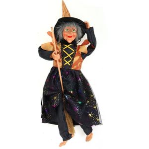 Creation decoratie heksen pop - vliegend op bezem - 40 cm - zwart/oranje - Halloween versiering