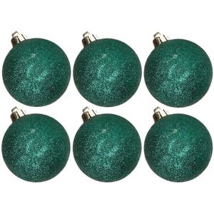 6x stuks kunststof glitter kerstballen petrol groen 8 cm - Onbreekbare plastic kerstballen