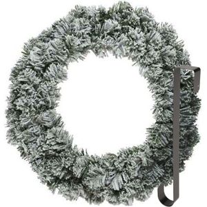 Kerstkrans 60 cm - groen - besneeuwd - met zwarte hanger/ophanghaak - kerstversiering