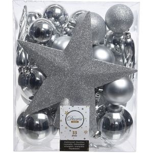 33x stuks kunststof kerstballen met ster piek zilver 5-6-8 cm mix - Onbreekbare kerstballen - Kerstboomversiering