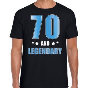 70 and legendary verjaardag cadeau t-shirt / shirt - zwart met blauwe en witte letters - voor heren - 70ste verjaardag kado shirt / outfit