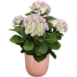 Hortensia kunstplant/kunstbloemen 45 cm - paars/groen - in pot roze glans - Kunst kamerplant