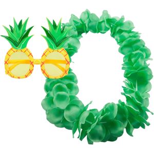 Tropische Hawaii party verkleed accessoires set - Ananas zonnebril - bloemenkrans fluor groen - voor dames