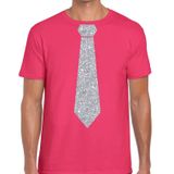 Roze fun t-shirt met stropdas in glitter zilver heren