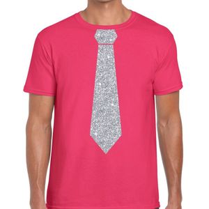 Roze fun t-shirt met stropdas in glitter zilver heren