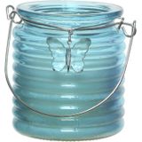 Citronella windlicht met kaars - 3x - paars/blauw en geel - 20 branduren - citrusgeur