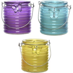 Citronella windlicht met kaars - 3x - paars/blauw en geel - 20 branduren - citrusgeur