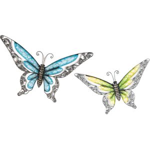 Anna Collection Wanddecoratie vlinders - 2x - blauw/groen - 36 x 21 cm/49 x 28 - metaal - muurdecoratie/schutting
