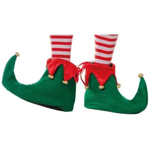 Kerstelf schoentjes/pantoffel groen/rood voor volwassenen - Kerst elfen accessoires