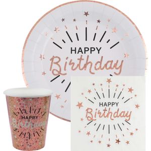 Verjaardag feest bekertjes/bordjes en servetten happy birthday - 60x - rose goud