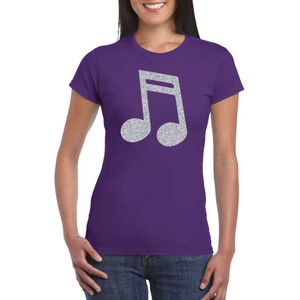 Zilveren muziek noot  / muziek feest t-shirt / kleding - paars - voor dames - muziek shirts / muziek liefhebber / outfit
