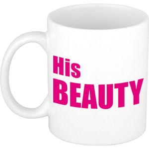 His Beauty cadeau koffiemok / theebeker wit met roze blokletters - 300 ml - keramiek - fun tekst beker / cadeaumok