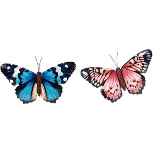 Anna Collection Wanddecoratie vlinders - 2x - rood/blauw - 45 x 28 cm - metaal - muurdecoratie