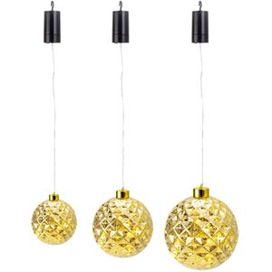 Verlichte kerstballen - 3x st - kunststof - goud - aan draad - D12, D15 en D20 cm