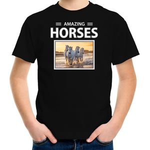 Dieren foto t-shirt wit paard - zwart - kinderen - amazing horses - cadeau shirt witte paarden liefhebber - kinderkleding / kleding