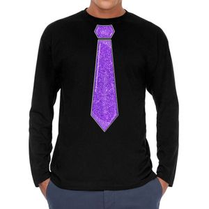 Bellatio Decorations Verkleed shirt heren - stropdas glitter paars - zwart - carnaval - longsleeve