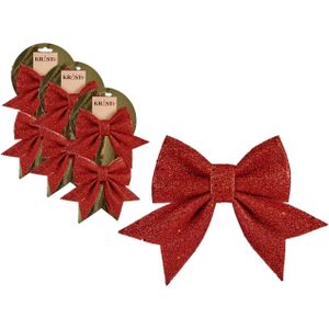 6x stuks kerstboomversieringen kleine ornament strikjes/strikken rode glitters 14 x 12 cm - Met ophanging