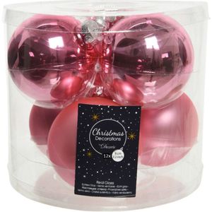12x stuks kerstballen lippenstift roze van glas 8 cm - mat en glans - Kerstversiering/boomversiering