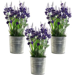 3x Stuks Lavendel Kunstplanten/Kamerplanten Paars In Grijze Sierpot H28 cm X D18 cm