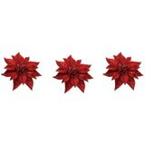 3x Kerstboomversiering bloem op clip rode kerstster 18 cm - kerstfiguren - rode kerstversieringen