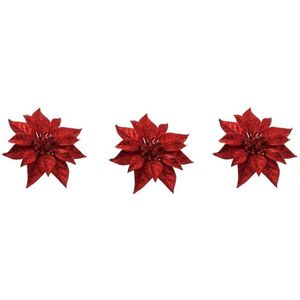 3x Kerstboomversiering bloem op clip rode kerstster 18 cm - kerstfiguren - rode kerstversieringen