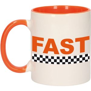 Fast met finish vlag beker / mok wit en oranje - 300 ml - racing / formule 1  - Nederland supporter / fan