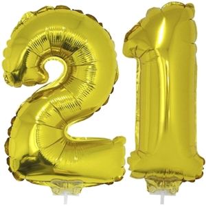 21 jaar leeftijd feestartikelen/versiering cijfers ballonnen op stokje van 41 cm - Combi van cijfer 21 in het goud
