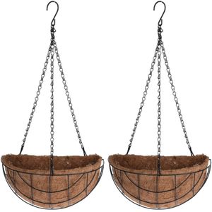 3x stuks metalen hanging baskets / plantenbakken halfrond zwart met ketting 31 cm inclusief kokosinlegvel - Hangende bloemen