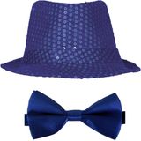 Carnaval verkleed set compleet - hoedje en vlinderstrikje - blauw - heren/dames - glimmend - verkleedkleding