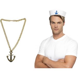 Carnaval verkleed Matrozen hoedje - wit - met gouden anker ketting - volwassenen - accessoires set