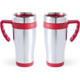 2x stuks rVS thermosbeker/warmhoud koffiebekers rood 500 ml - Isoleerbekers/reisbekers