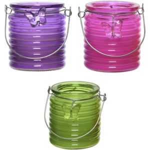 Citronella windlicht met kaars - 3x - paars/roze en groen - 20 branduren - citrusgeur