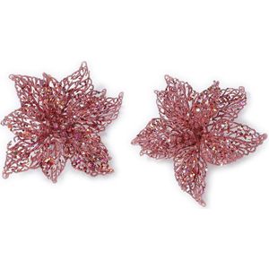 8x stuks decoratie kerstster bloemen roze glitter op clip 18 cm - Decoratiebloemen/kerstboomversiering/kerstversiering