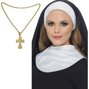 4x stuks nonnen carnaval verkleed setje van hoofdkap kraag en gouden kruis aan ketting - Verkleedkleding - Vrijgezellenfeestje dames