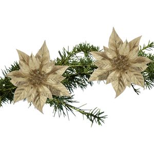 Kerstboom bloemen op clip - 2x stuks - goud glitter - kunststof - 18 cm
