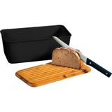 Zwarte broodtrommel met bamboe snijplank deksel 18 x 34 x 14 cm - Keukenbenodigdheden - Broodtrommels/brooddozen/vershoudtrommels - Brood/kadetjes bewaren en vers houden