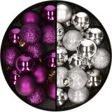 Decoris kleine kerstballen - 28x st - zilver en paars - 3 cm - kunststof