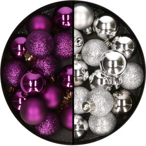 Decoris kleine kerstballen - 28x st - zilver en paars - 3 cm - kunststof