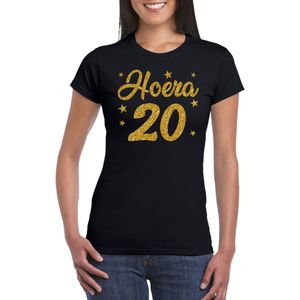 Hoera 20 jaar verjaardag cadeau t-shirt - goud glitter op zwart - dames - cadeau shirt