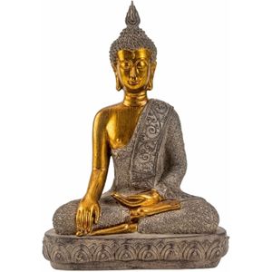 Boeddha beeldje zittend - binnen/buiten - kunststeen - betongrijs/goud - 27 x 39 cm - Relaxed
